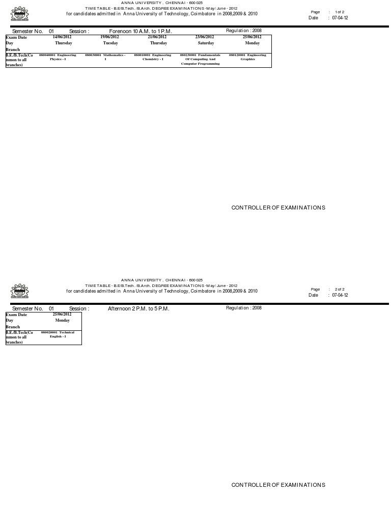 Anna Univ Cbe Time Table | PDF | Instrumentation | Engineering