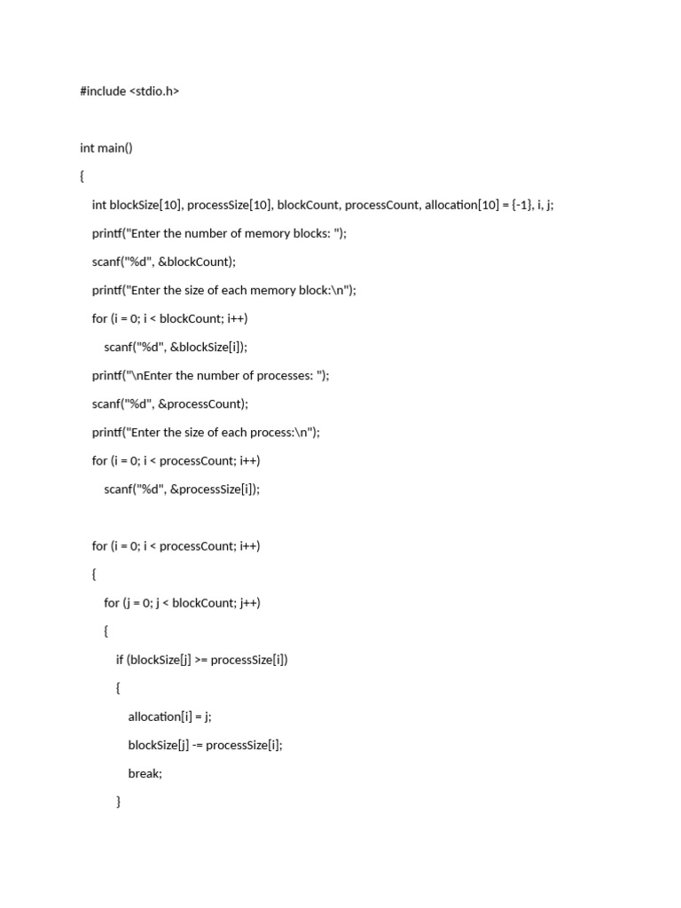 First Fit Algorithm for Memory Allocation | PDF