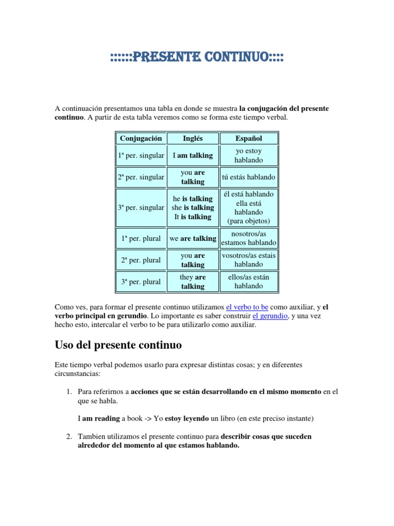 Uso y conjugación del presente continuo | PDF | Reglas | Verbo