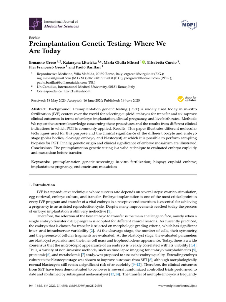 Preimplantation Genetic Testing Today | PDF | In Vitro Fertilisation ...