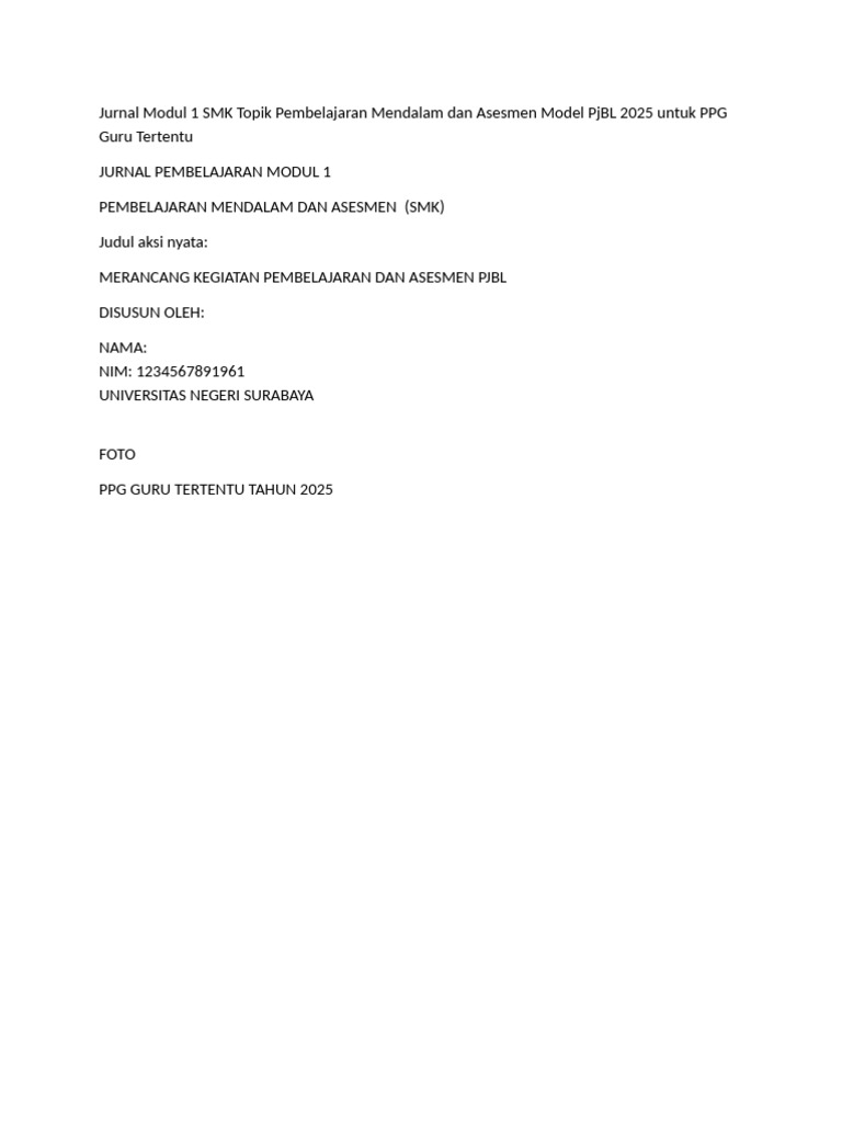 Modul PjBL Pembelajaran Mendalam SMK 2025 | PDF