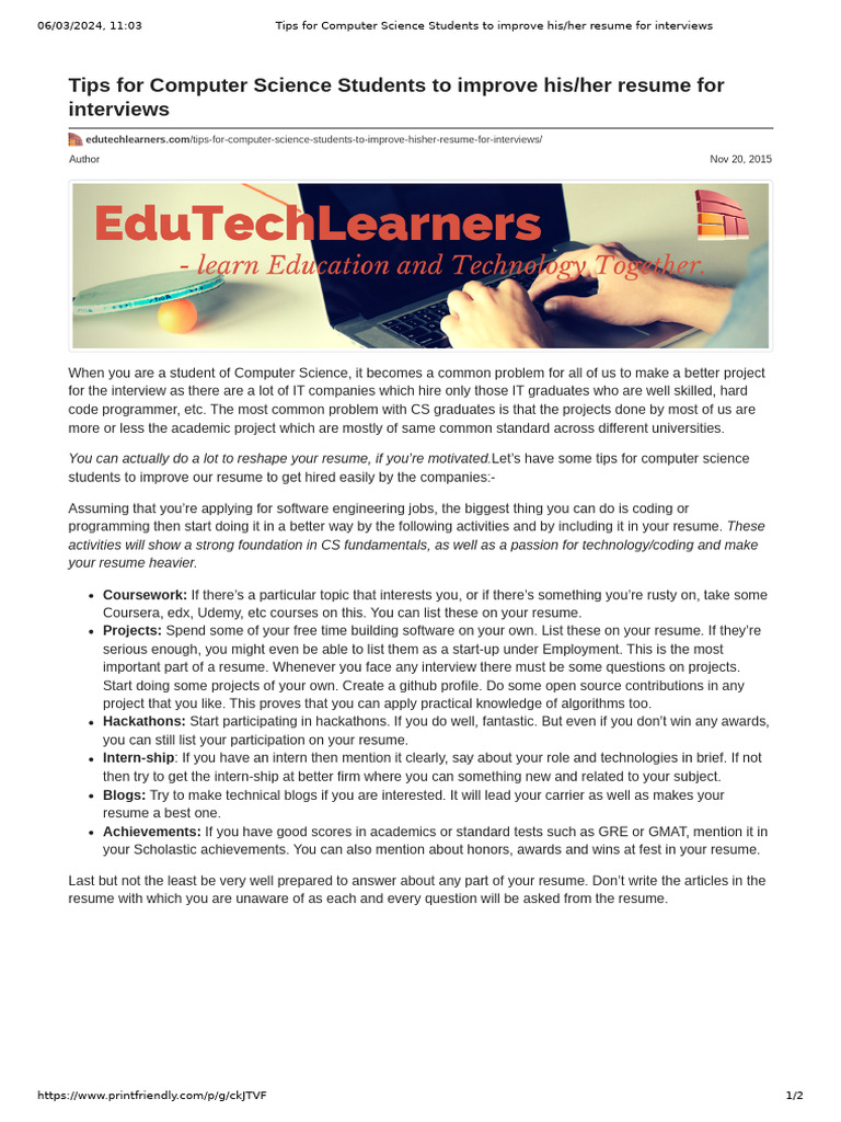 Tips For Computer Science Students To Improve His - Her Resume For ...