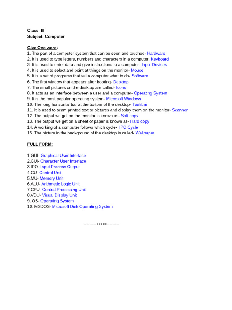 Full Forms for Class 3 Computers | PDF