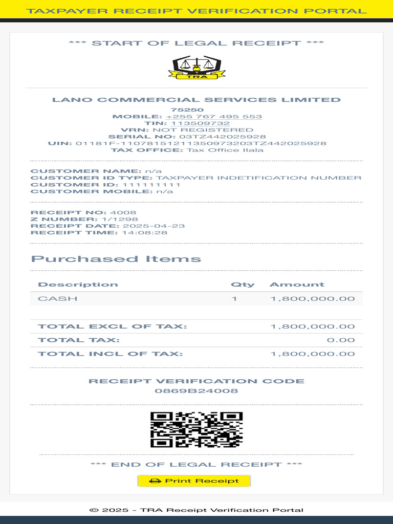 TRA Receipt Verification Code Guide | PDF