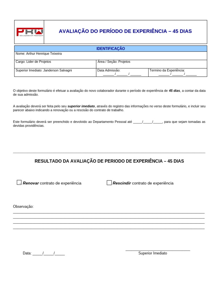 Avaliação de Experiência: 45 Dias de Trabalho | PDF