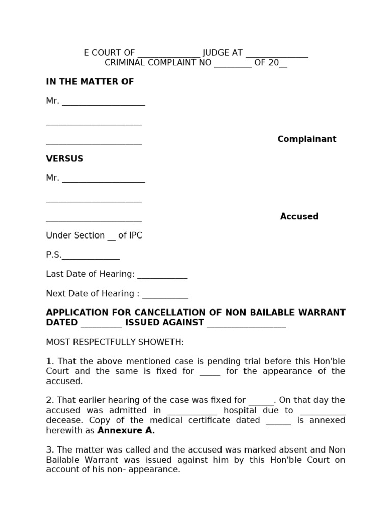 Application to Cancel Non-Bailable Warrant | PDF | Affidavit | Criminal Law