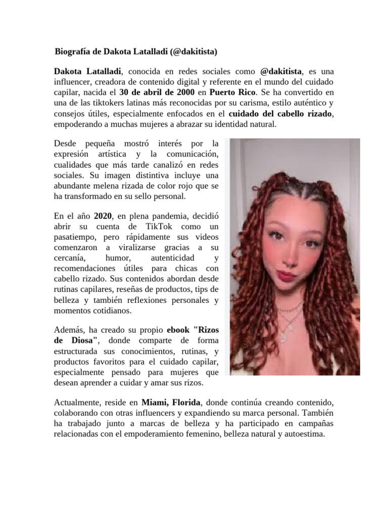 Biografía de Dakota Latalladi, influencer rizada | PDF