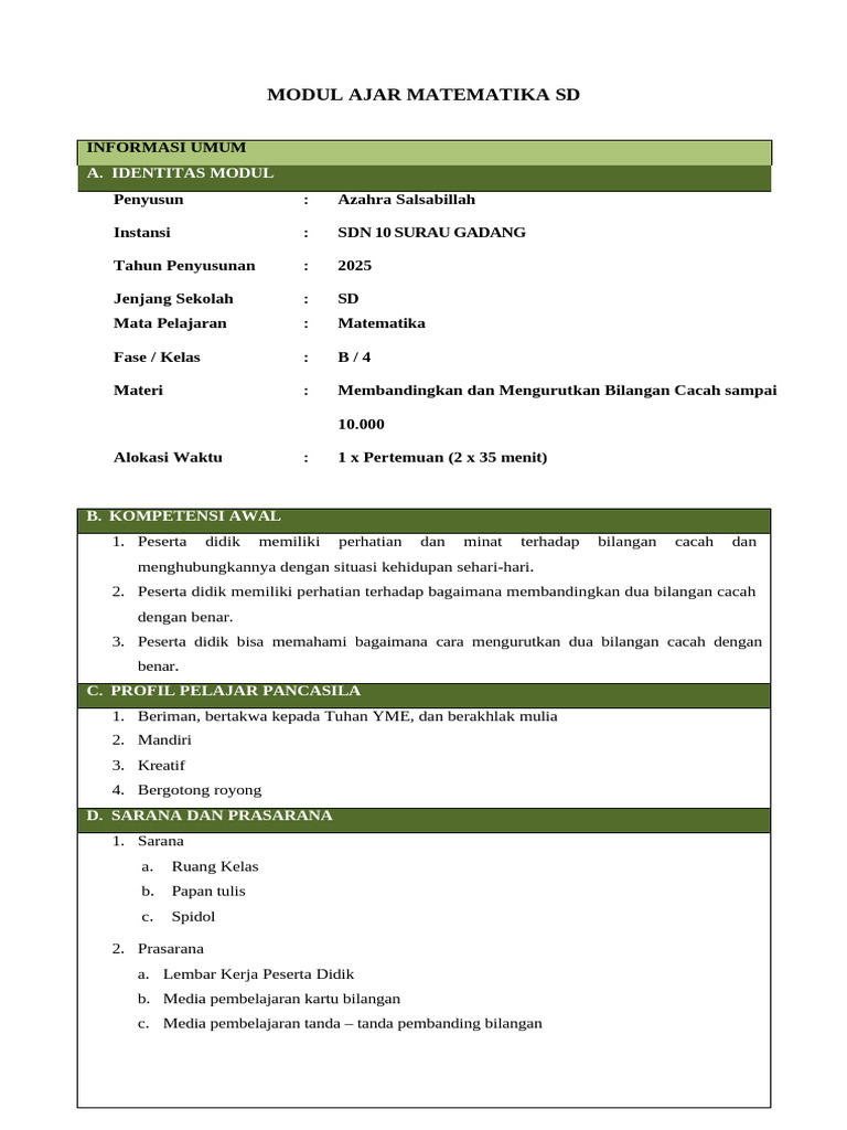 Modul Ajar Matematika Kelas 4 Fase B | PDF