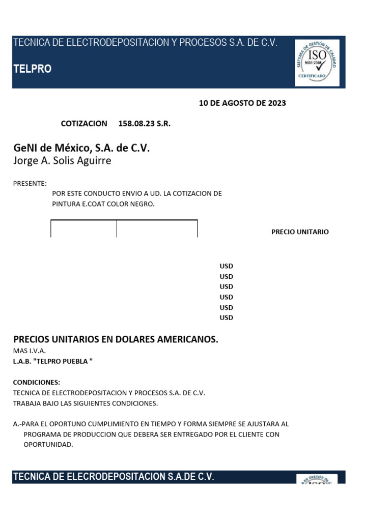 Cotización de Pintura E-Coat Telpro | PDF | Economias