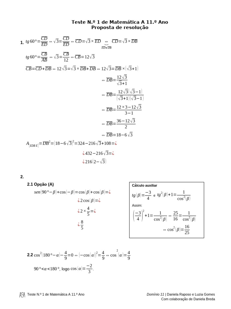 Resolução do Teste de Matemática A 11º Ano | PDF | Pi | Geometria