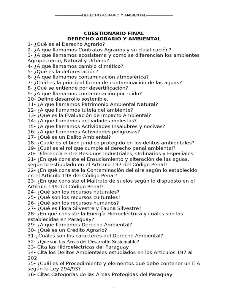 Derecho Agrario y Ambiental: Cuestionario Final | PDF | Entorno natural ...