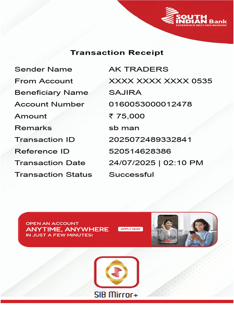 Transaction Receipt for ₹75,000 Transfer | PDF