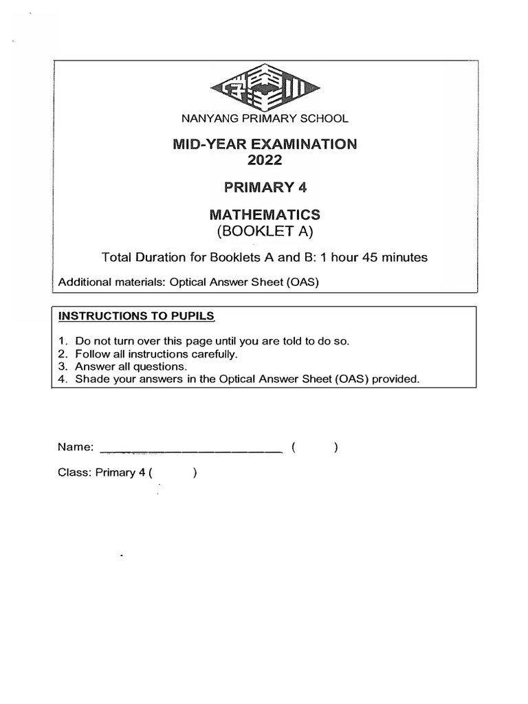 Nanyang Primary School P4 Math Exam 2022 | PDF