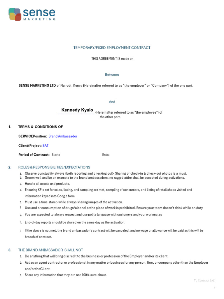 Brand Ambassador Employment Contract | PDF | Employment | Business