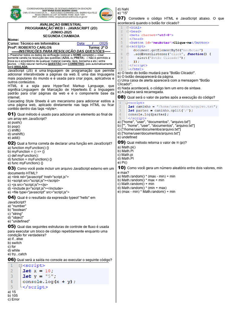 Avaliação de JavaScript - 2ª Chamada | PDF | Html | Script Java