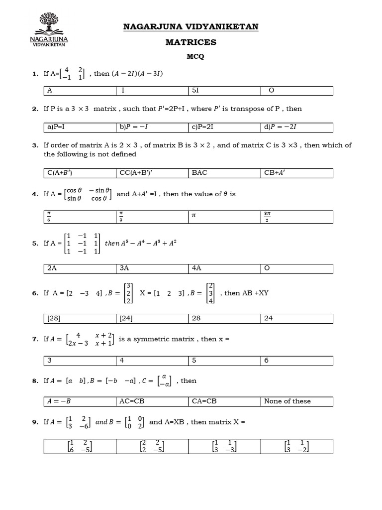 Nagarjuna Vidyaniketan Matrices: CC (A+B') ' | PDF | Algebra ...