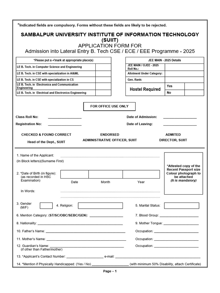 SUIIT Lateral Entry B. Tech Application 2025 | PDF