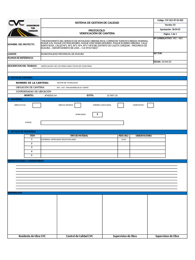 CVC SGC PC 01 003 Verificación de Cantera | PDF | Gestión de la calidad ...