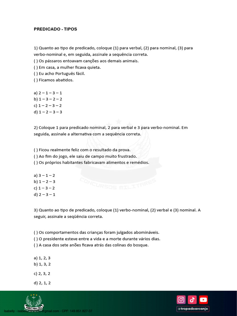 Tipos de Predicado na Língua Portuguesa | PDF | Predicado (gramática ...