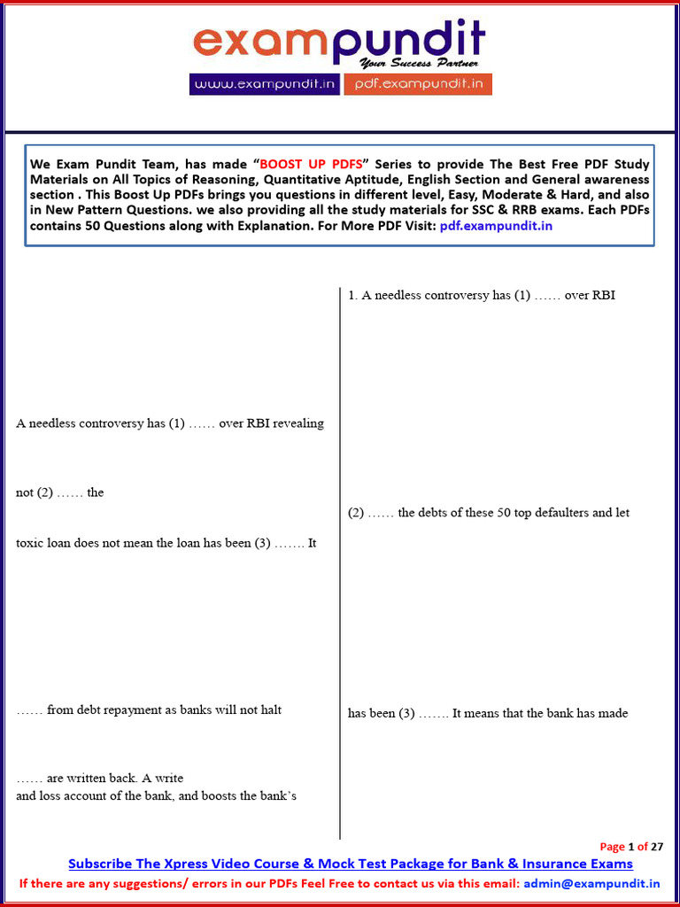 Cloze Test Questions for SSC Exams | PDF | Verb | Banks