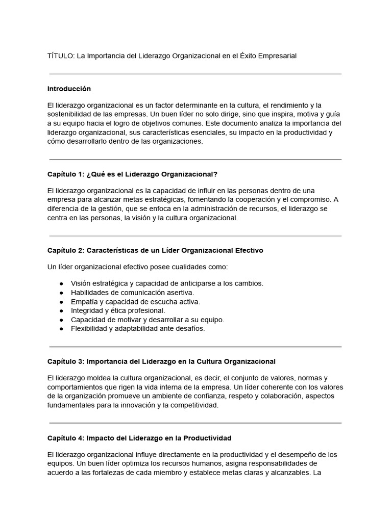 Importancia del Liderazgo Organizacional | PDF | Liderazgo | Business