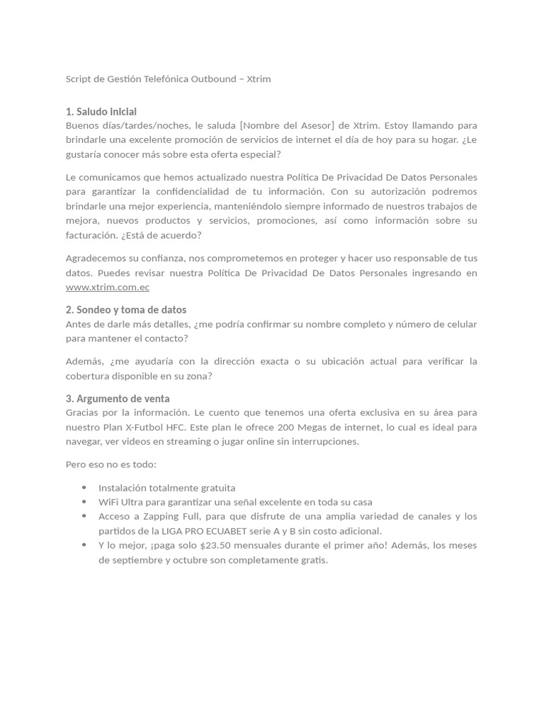 Script de Llamada Promocional Xtrim | PDF | Internet | Privacidad en ...