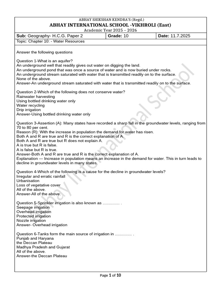 Grade 10 Geography: Water Resources Notes | PDF | Irrigation | Groundwater