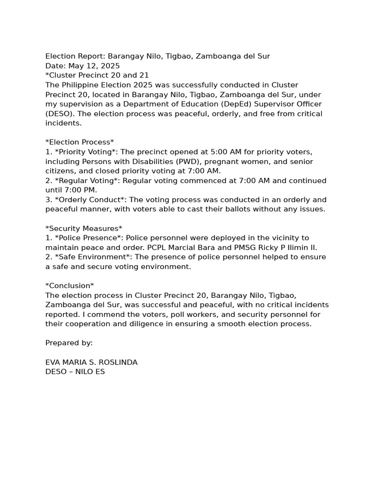 Barangay Nilo Election Report 2025 | PDF