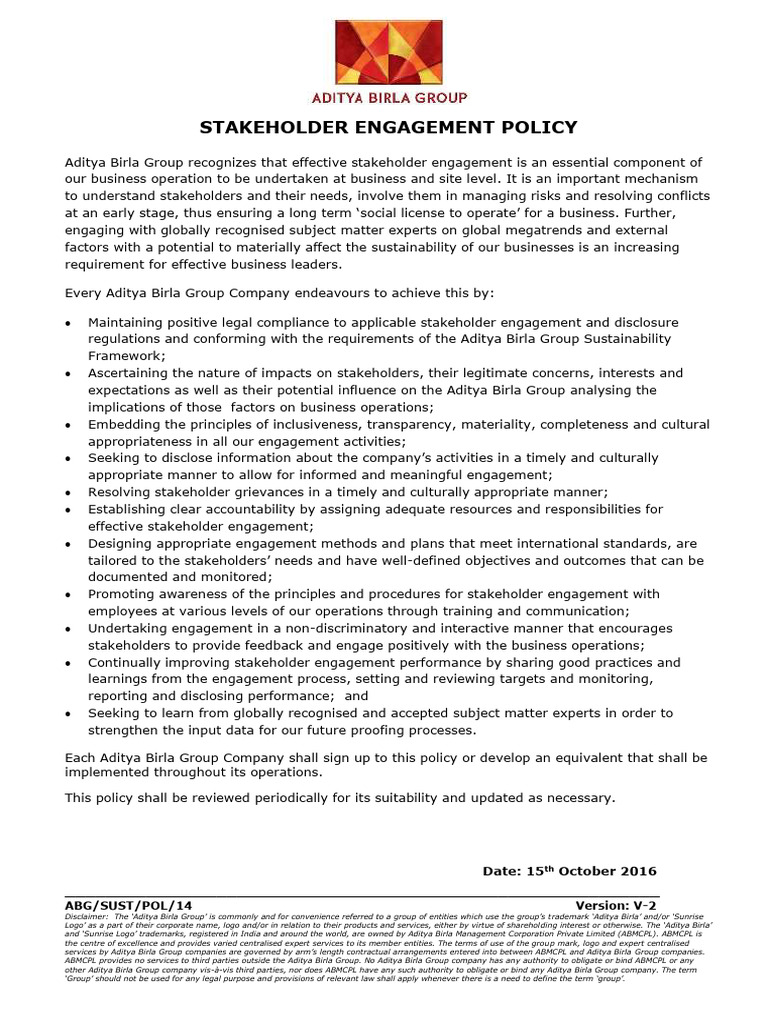 Stakeholder Engagement Policy | PDF | Sustainability | Stakeholder ...