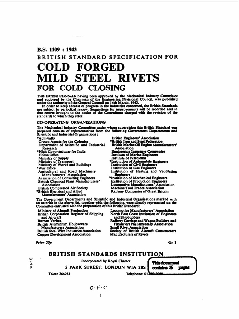 BS 1109 1943 Specificaiton For Cold Forged Mild Steel Rivet | PDF