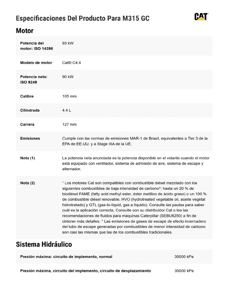 Especificación Tecnica M315-GC - Cat | PDF