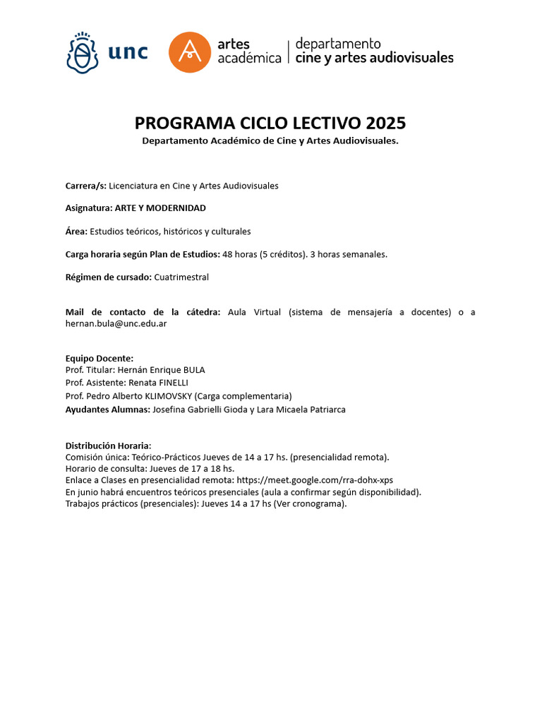 Programa Arte y Modernidad 2025 | PDF | Evaluación | Plan de estudios