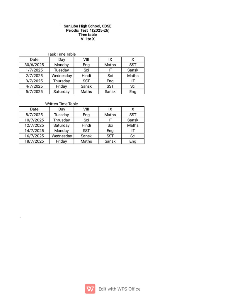 PT 1time Table 2025-26 | PDF