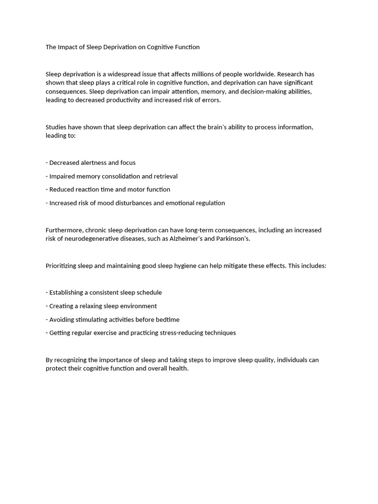 The Impact of Sleep Deprivation On Cognitive Function | PDF