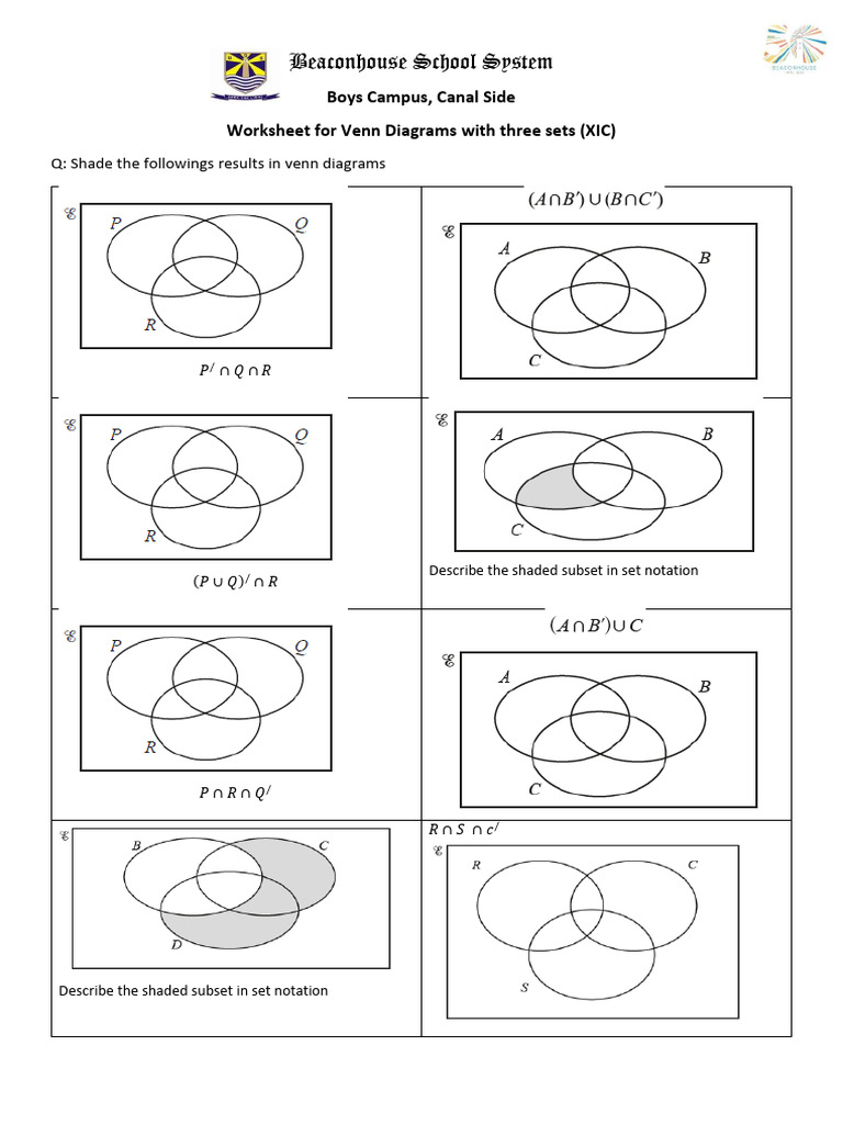 Shading Three-Set Venn Diagrams Worksheet | PDF