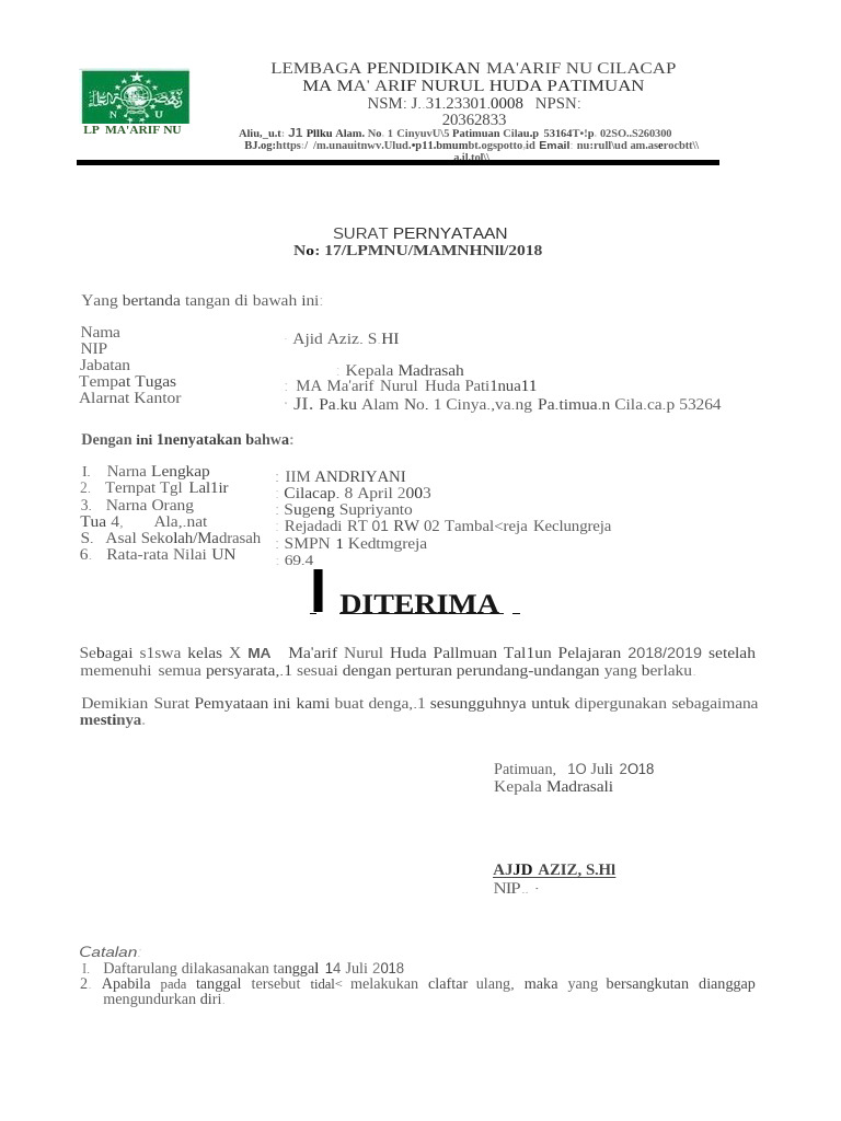 Contoh Surat Keterangan Diterima Di Sekolah 15 | PDF