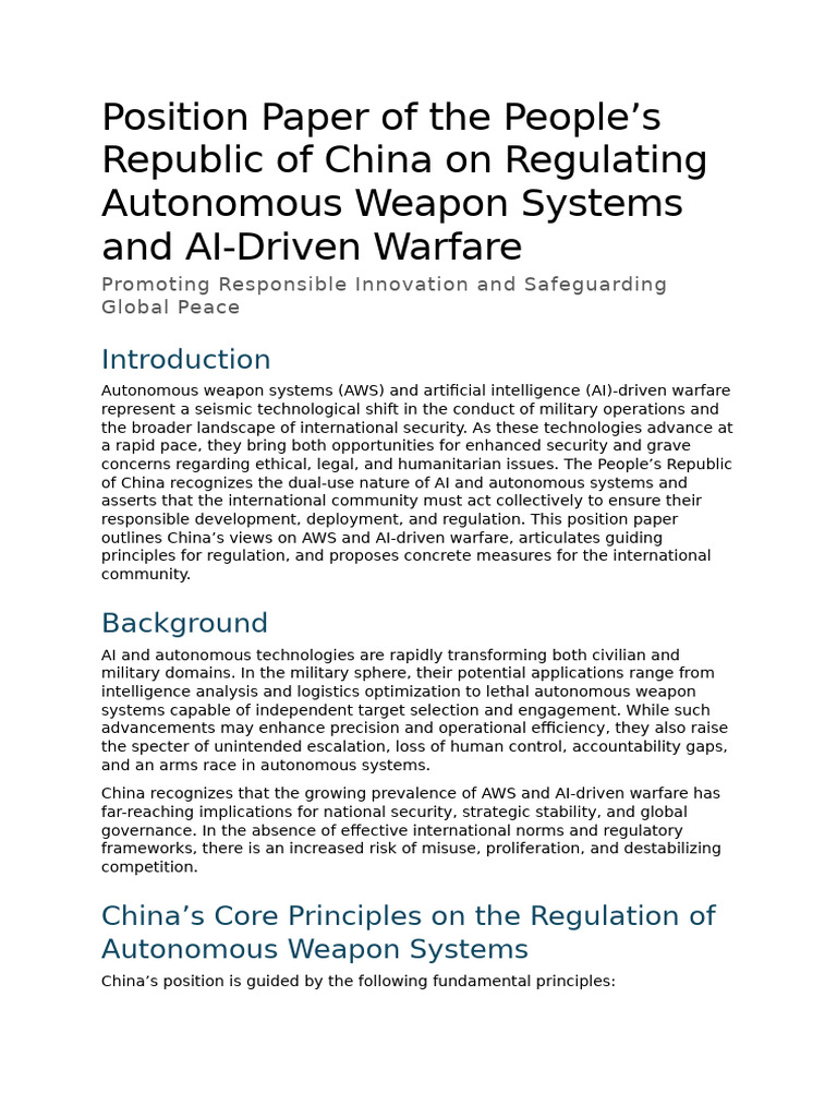 China's Position on Autonomous Weapons Regulation | PDF | Artificial ...
