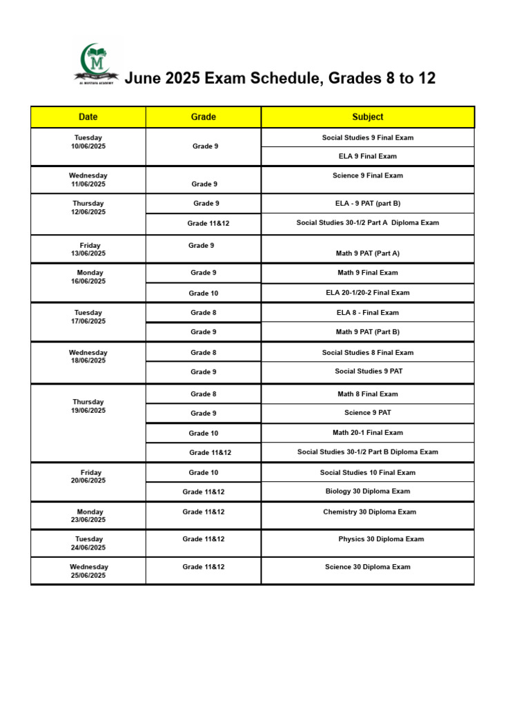 Grade 8 Final Exam Schedule 2025 | PDF