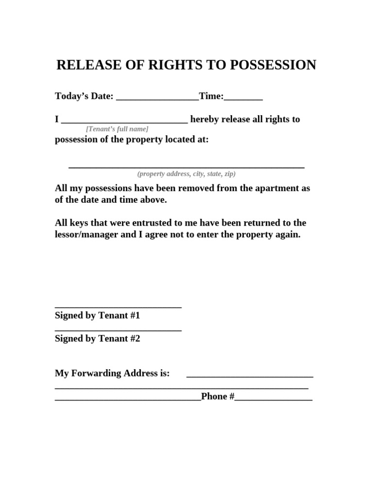 Release of Rights to Possession Form | PDF