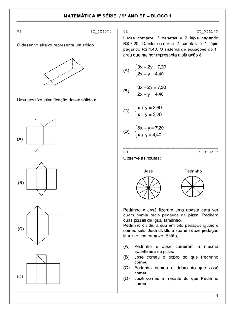 Prova Saeb 2024 - 8º-9º Ano - Bloco 01 | PDF