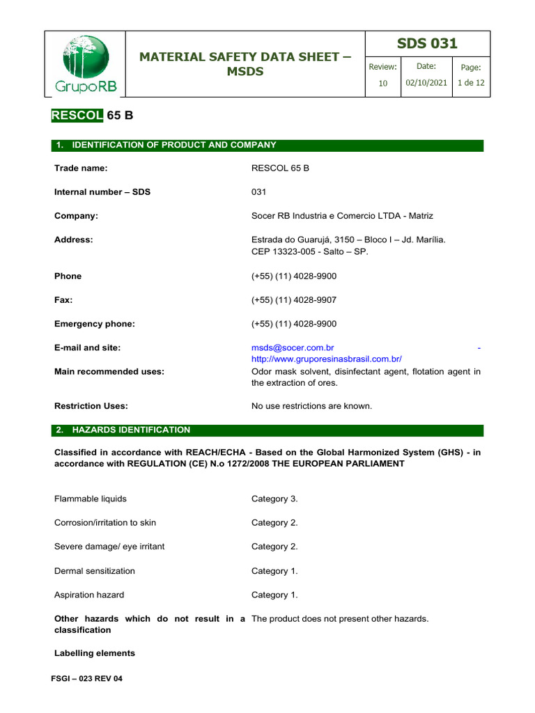 RESCOL 65 B MSDS Overview and Safety | PDF | Dangerous Goods ...