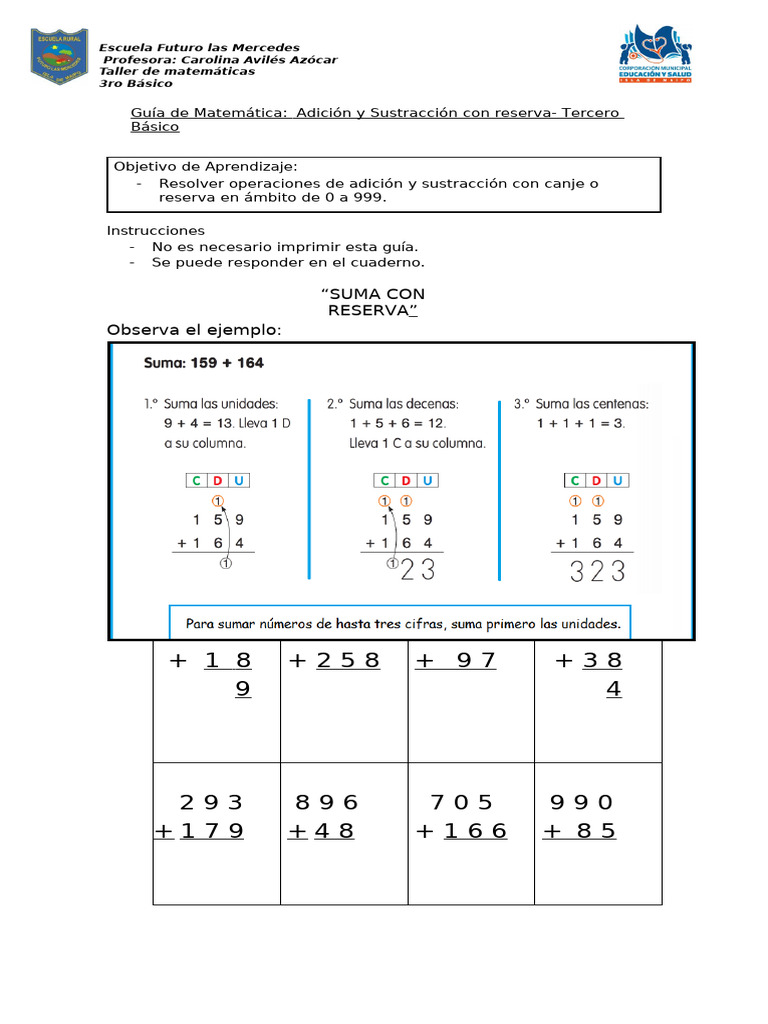 Guía de Matemáticas: Suma y Resta con Reserva | PDF