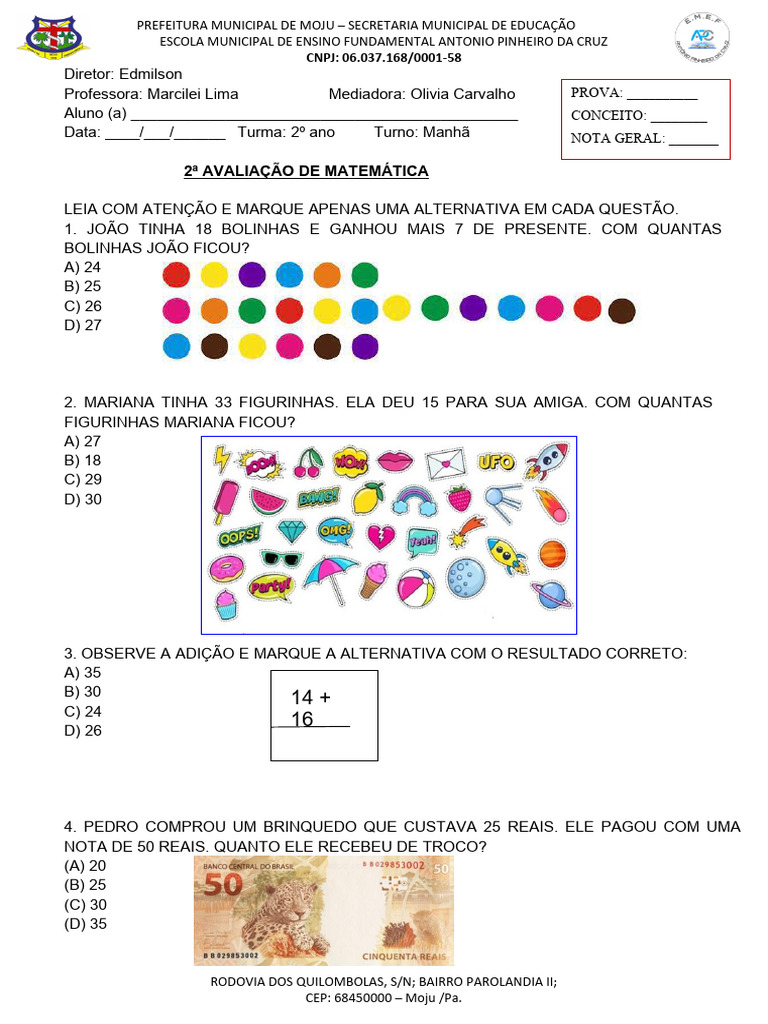 2 Avaliação Matemática 2º Ano | PDF