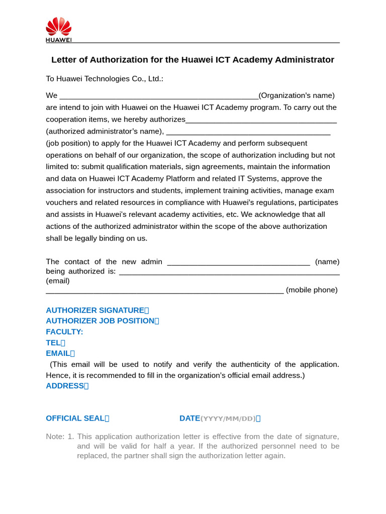Huawei ICT Academy Authorization Letter | PDF