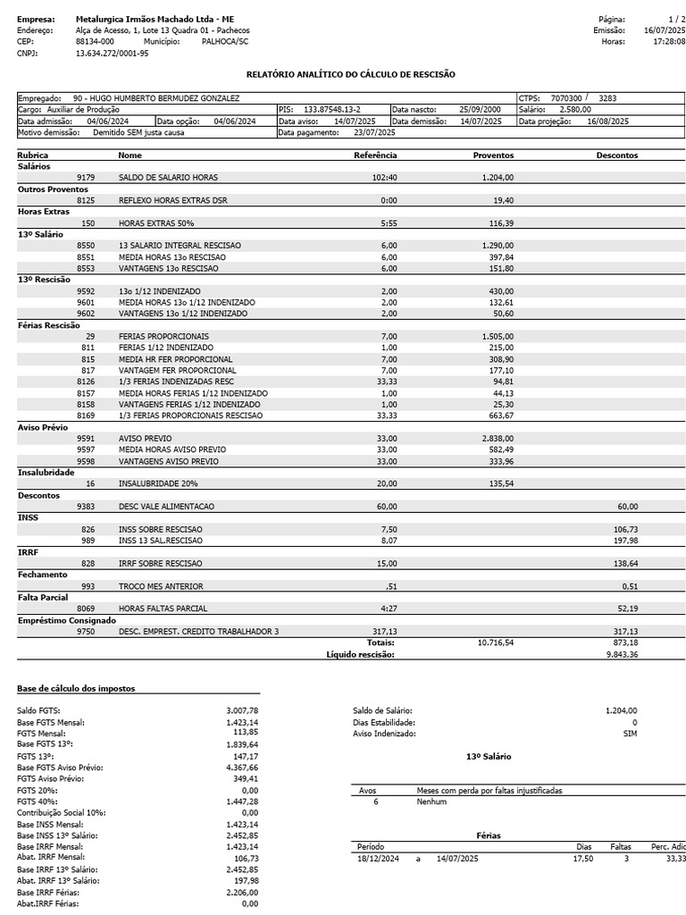 Cálculo de Rescisão Trabalhista detalhado | PDF | Férias trabalhistas ...