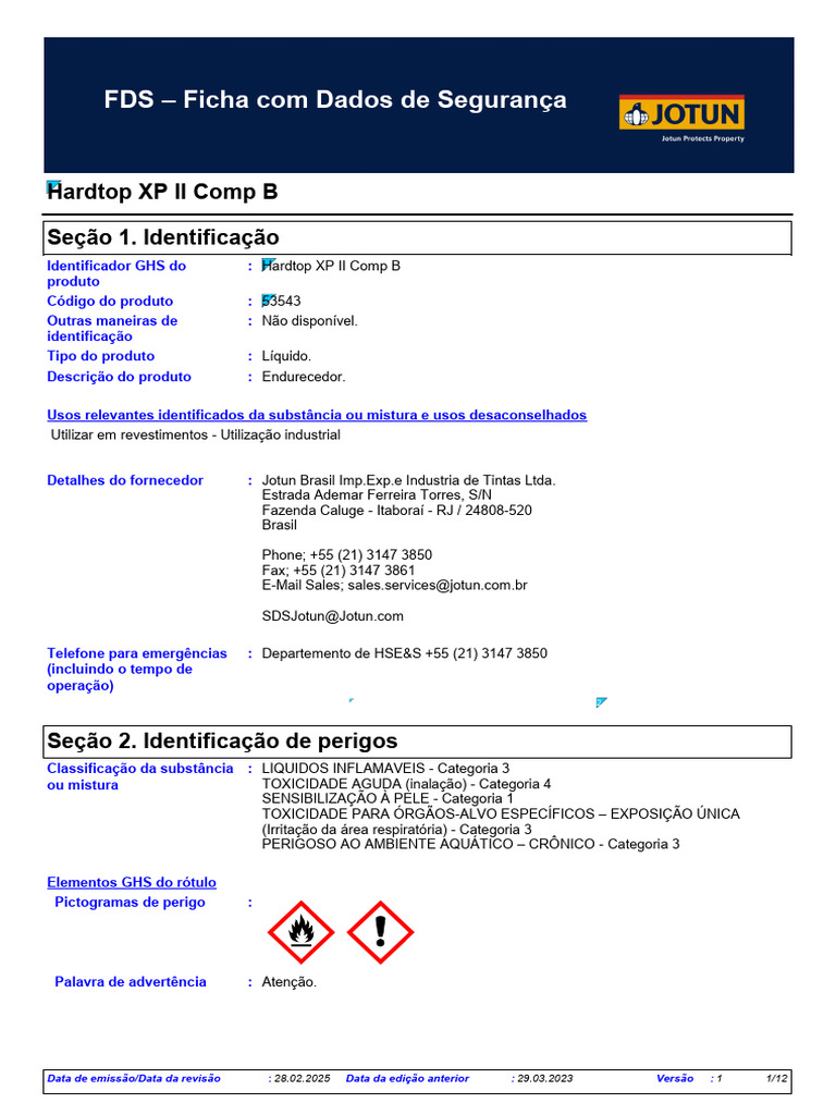 Ficha de Segurança Hardtop XP II Comp B | PDF | Toxicidade | Temperatura