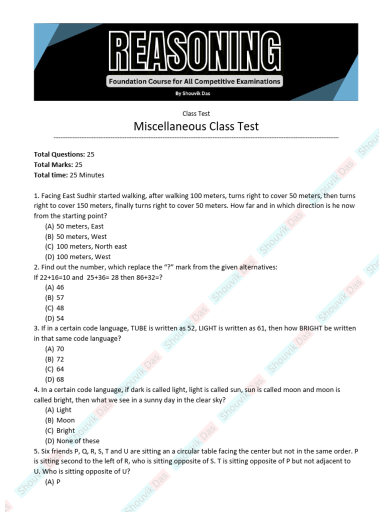 Class Test: 25 Questions on Logic and Reasoning | PDF | Chess | Chess ...