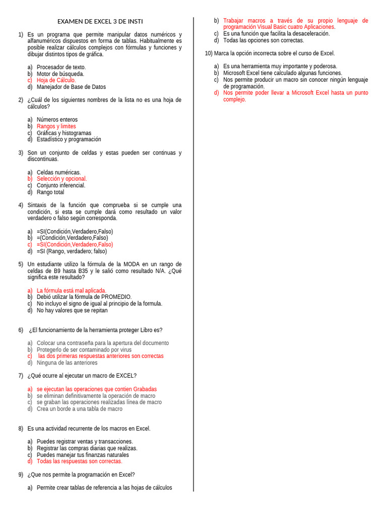 Examen de Excel: Preguntas y Respuestas | PDF | Microsoft Excel ...