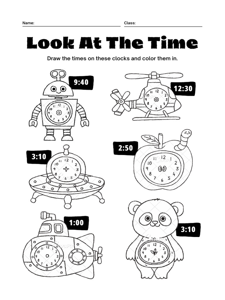 Black and White Lined Telling Time Coloring Activity Worksheet ...