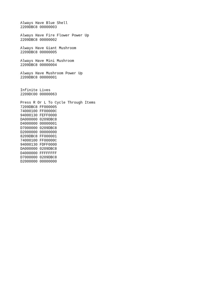 New Super Mario Bros Cheat Codes | PDF